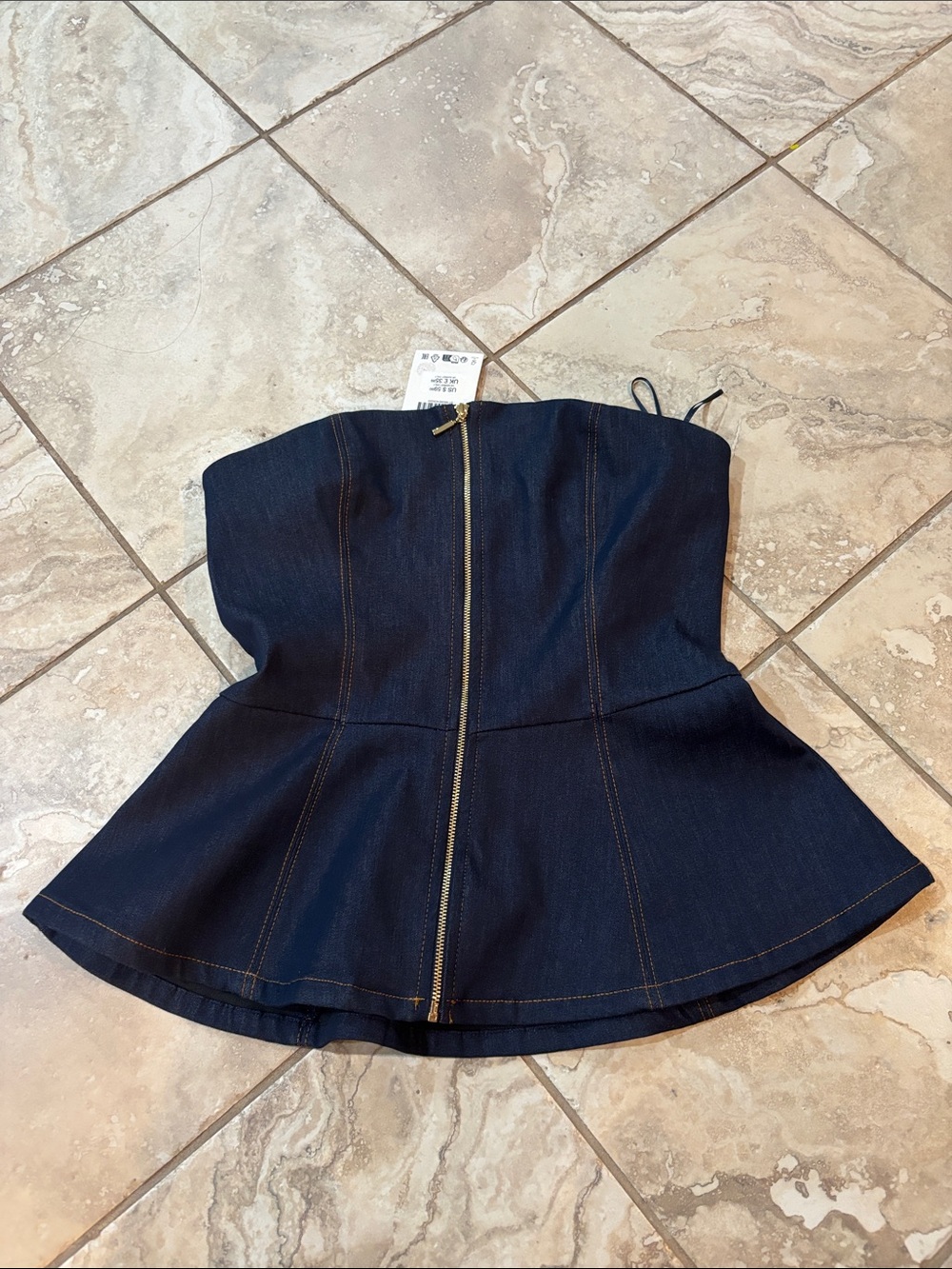 Zara Dark Blue Denim Peplum Zip-Front Strapless Top